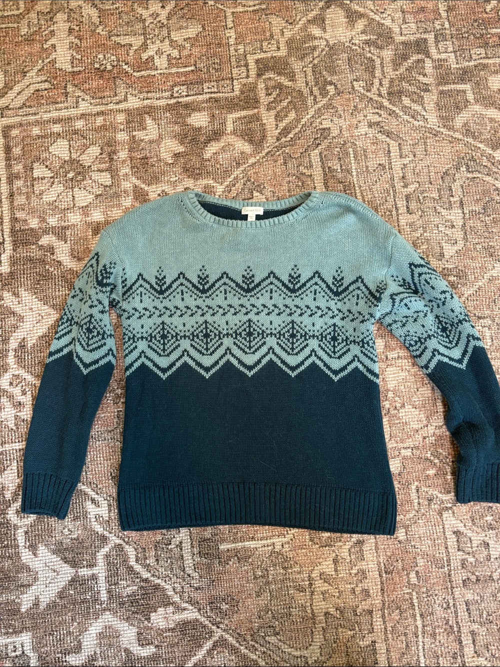 Garnet Hill Teal and Navy Fair Isle Crewneck Sweater Jacquard